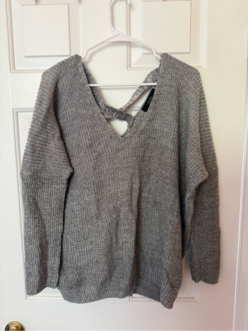 Forever 21 Gray V-Neck Knit Sweater with Crisscross Back